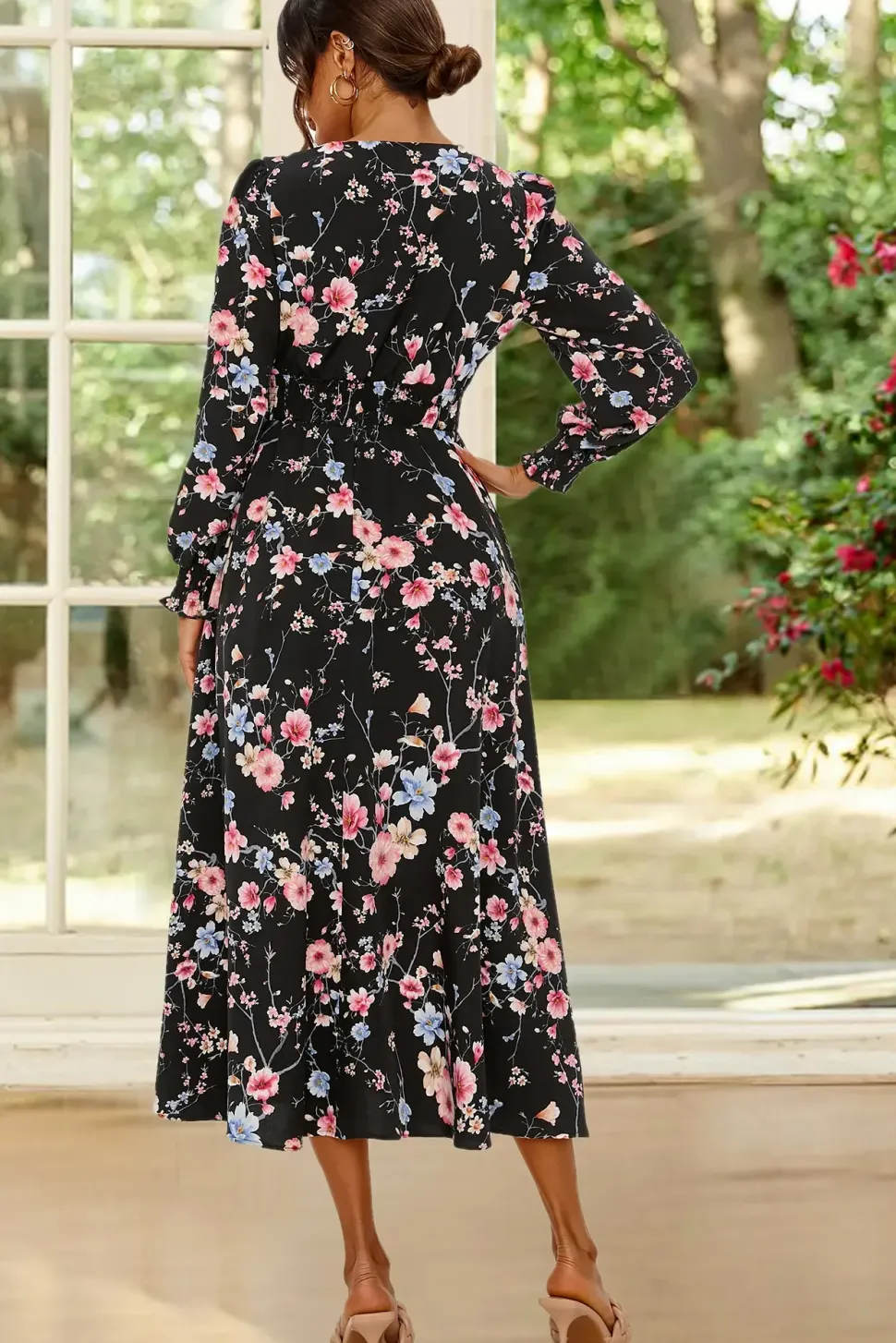 Floral Print Long Sleeve Frill High Neck Top In Pink