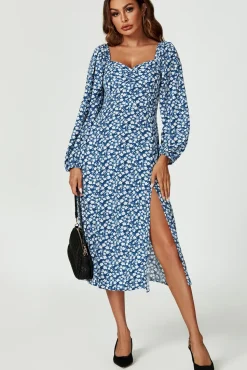 Floral Print Long Sleeve Heart Neckline Midi Dress In Blue