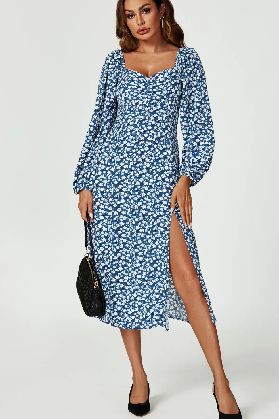 Floral Print Long Sleeve Heart Neckline Midi Dress In Blue