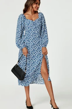 Floral Print Long Sleeve Heart Neckline Midi Dress In Blue