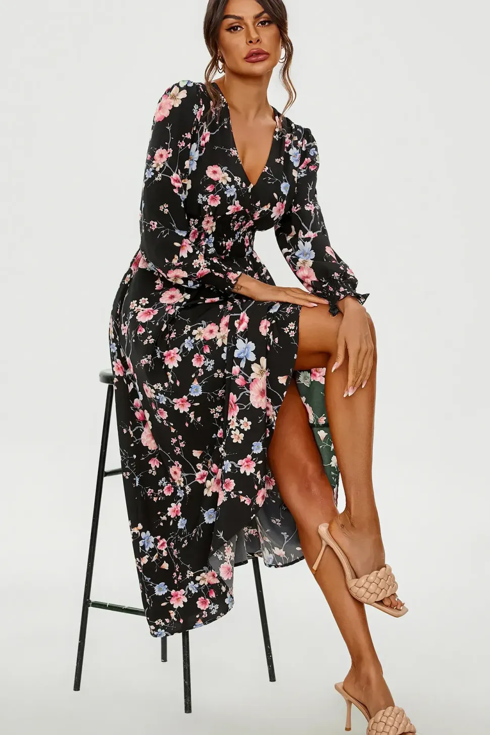 Floral Print Long Sleeve Heart Neckline Midi Dress In Blue