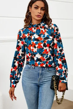 Floral Print Long Sleeve High Neck Top In Blue