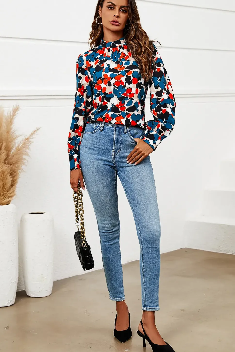 Floral Print Long Sleeve High Neck Top In Blue