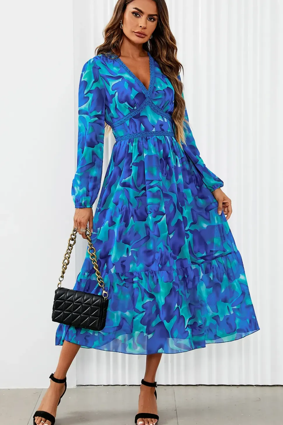 Floral Print Long Sleeve High Neck Top In Blue