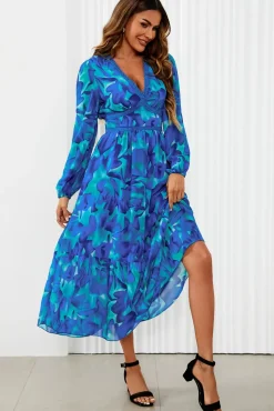 Floral Print Long Sleeve Maxi Dress In Blue