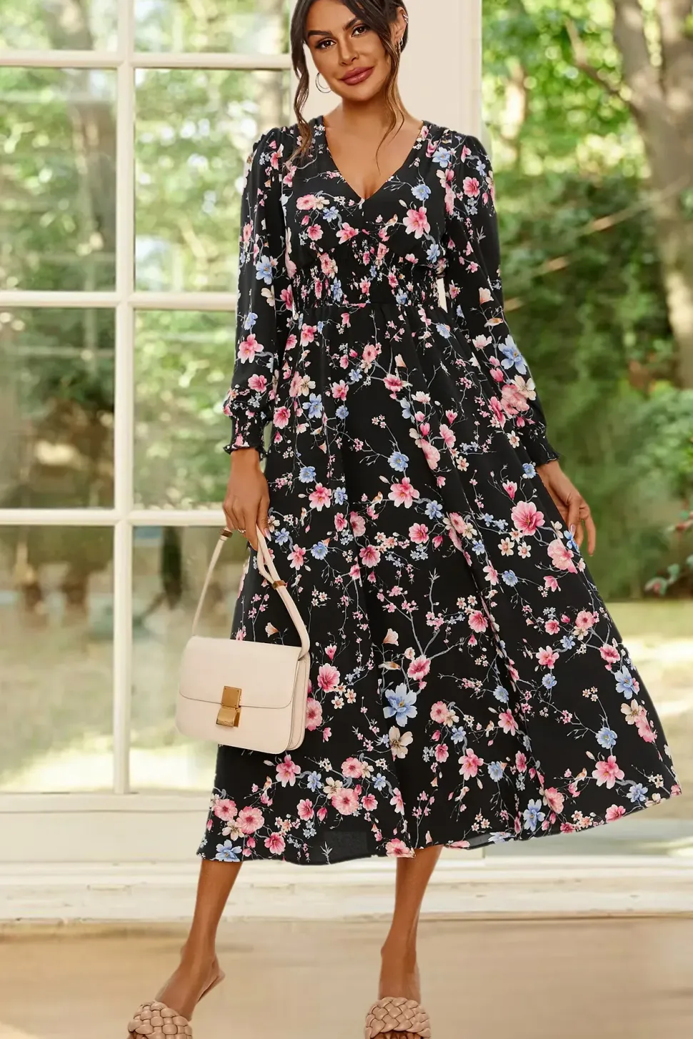 Floral Print Long Sleeve Midi Dress In Black
