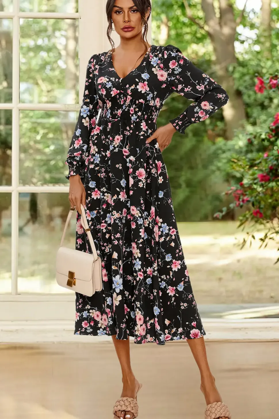 Floral Print Long Sleeve Midi Dress In Black