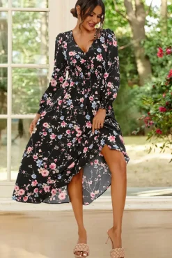 Floral Print Long Sleeve Midi Dress In Black