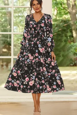 Floral Print Long Sleeve Midi Dress In Black