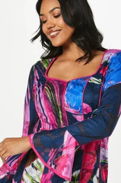 Floral Print Long Sleeve Midi Wedding Guest Dress
