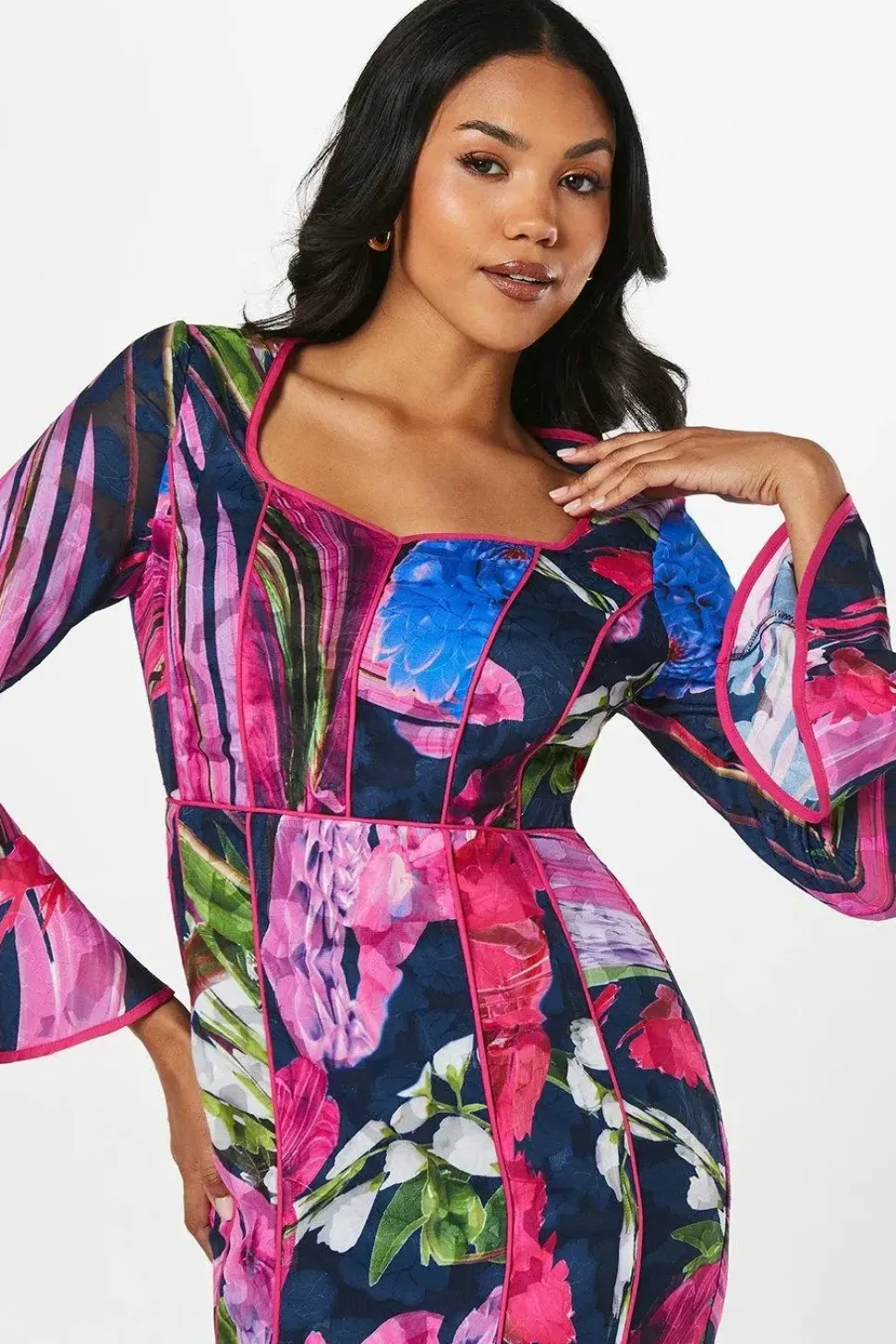 Floral Print Long Sleeve Midi Wedding Guest Dress