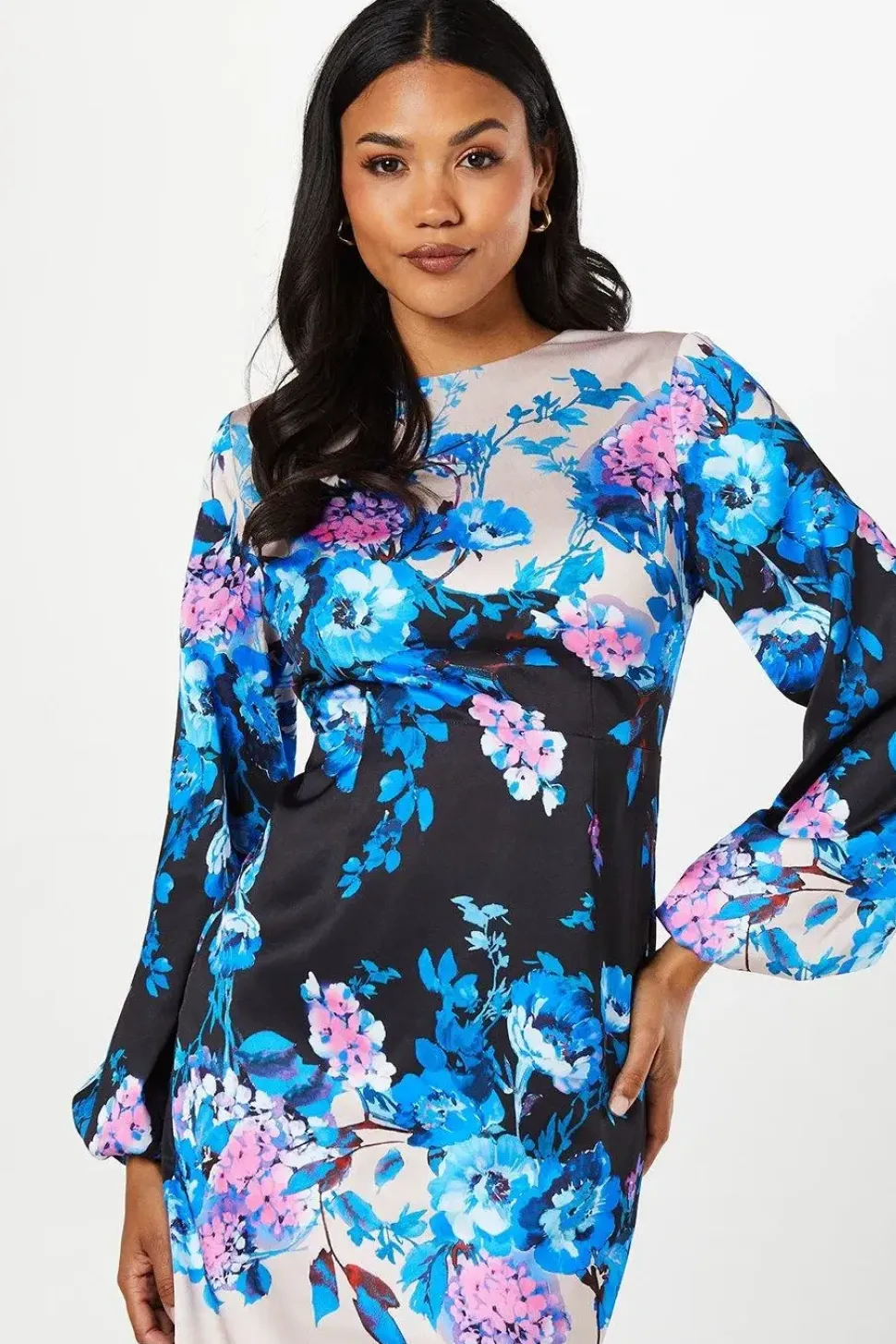 Floral Print Long Sleeve Midi Wedding Guest Dress