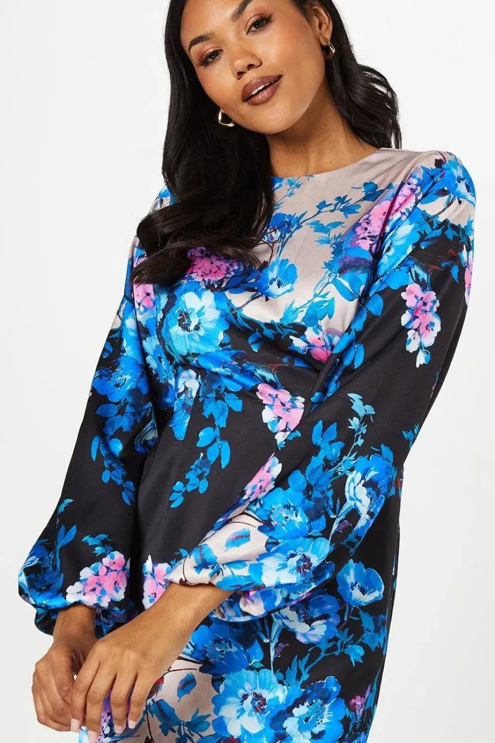 Floral Print Long Sleeve Midi Wedding Guest Dress