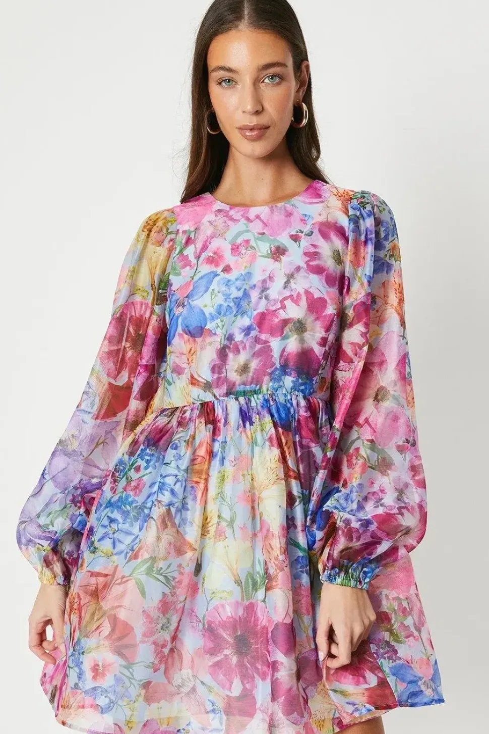 Floral Print Long Sleeve Organza Mini Dress