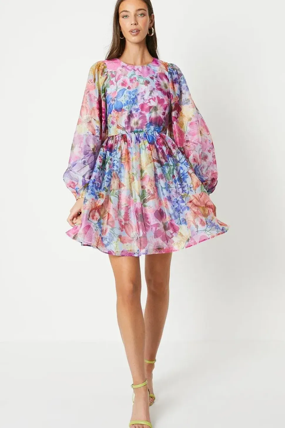 Floral Print Long Sleeve Organza Mini Dress
