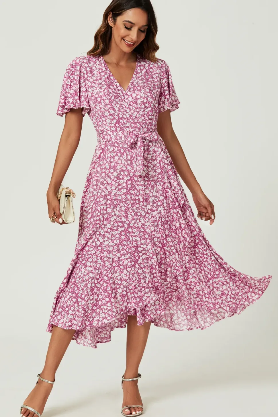 Floral Print Midi Wrap Dress In Pink