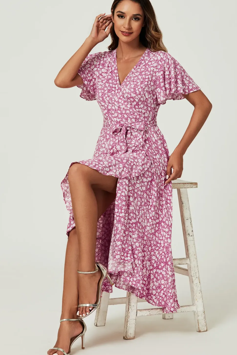 Floral Print Midi Wrap Dress In Pink