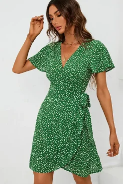 Floral Print Mini Wrap Dress In Green