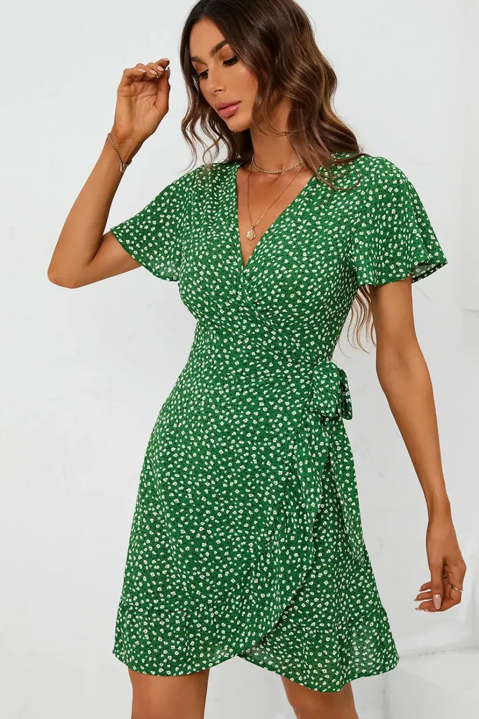 Floral Print Mini Wrap Dress In Green