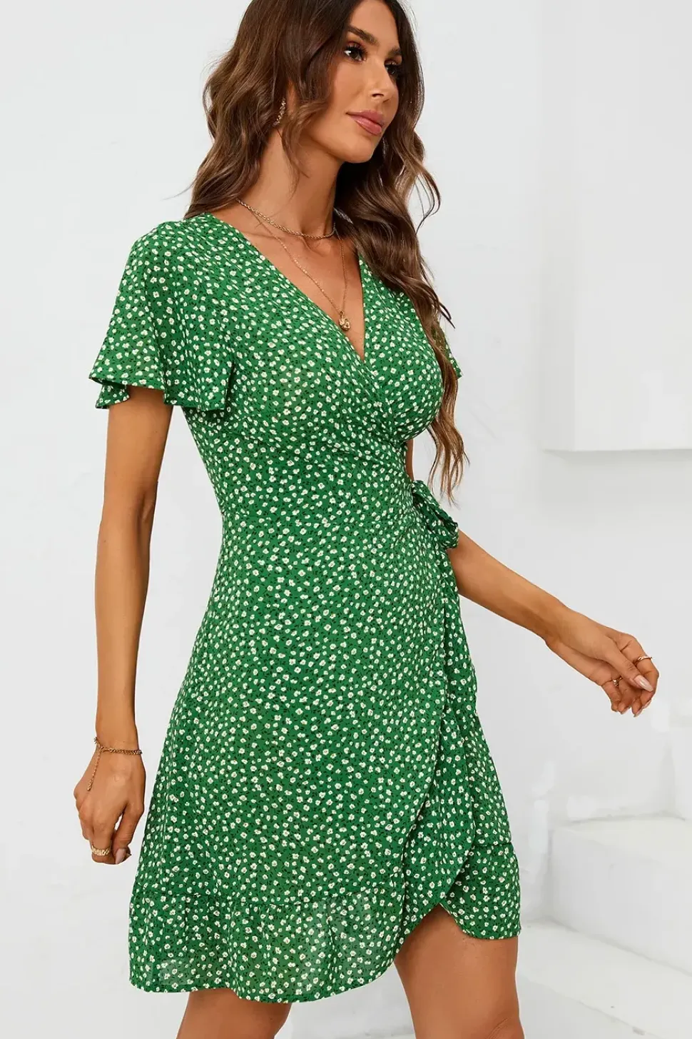 Floral Print Mini Wrap Dress In Green