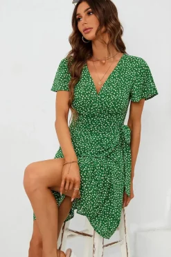 Floral Print Mini Wrap Dress In Green