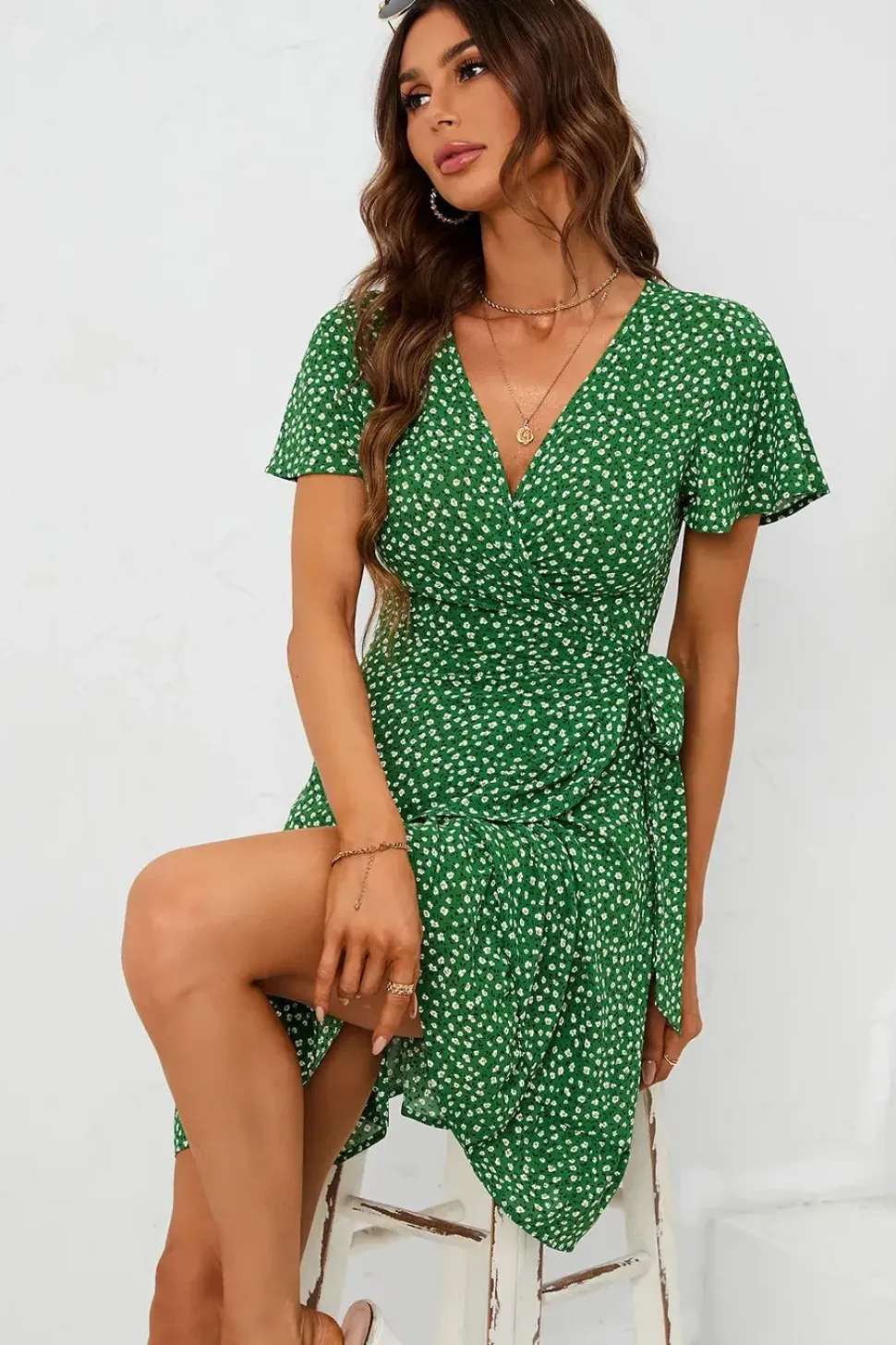 Floral Print Mini Wrap Dress In Green