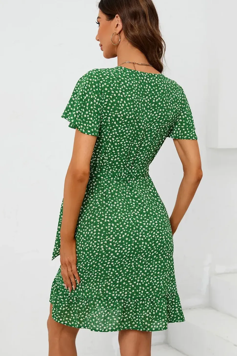 Floral Print Mini Wrap Dress In Green