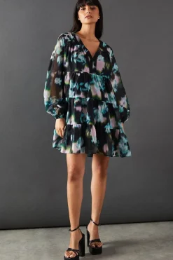 Floral Print Organza Smock Dress