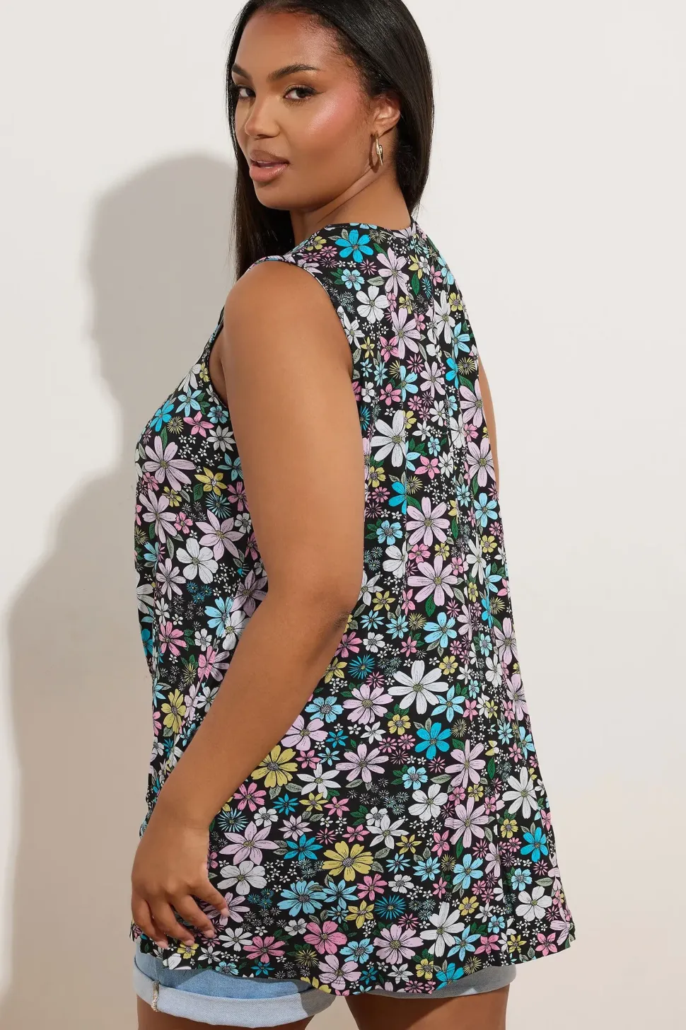 Floral Print Pleated Swing Vest Top