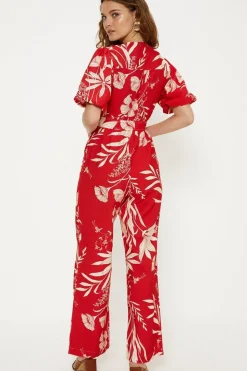 Floral Print Puff Sleeve Belted Jumpsuit