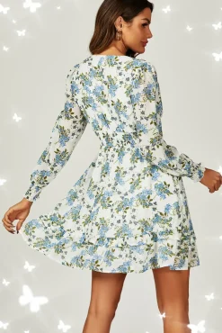 Floral Print ruffle Hem long sleeve Mini Dress In White