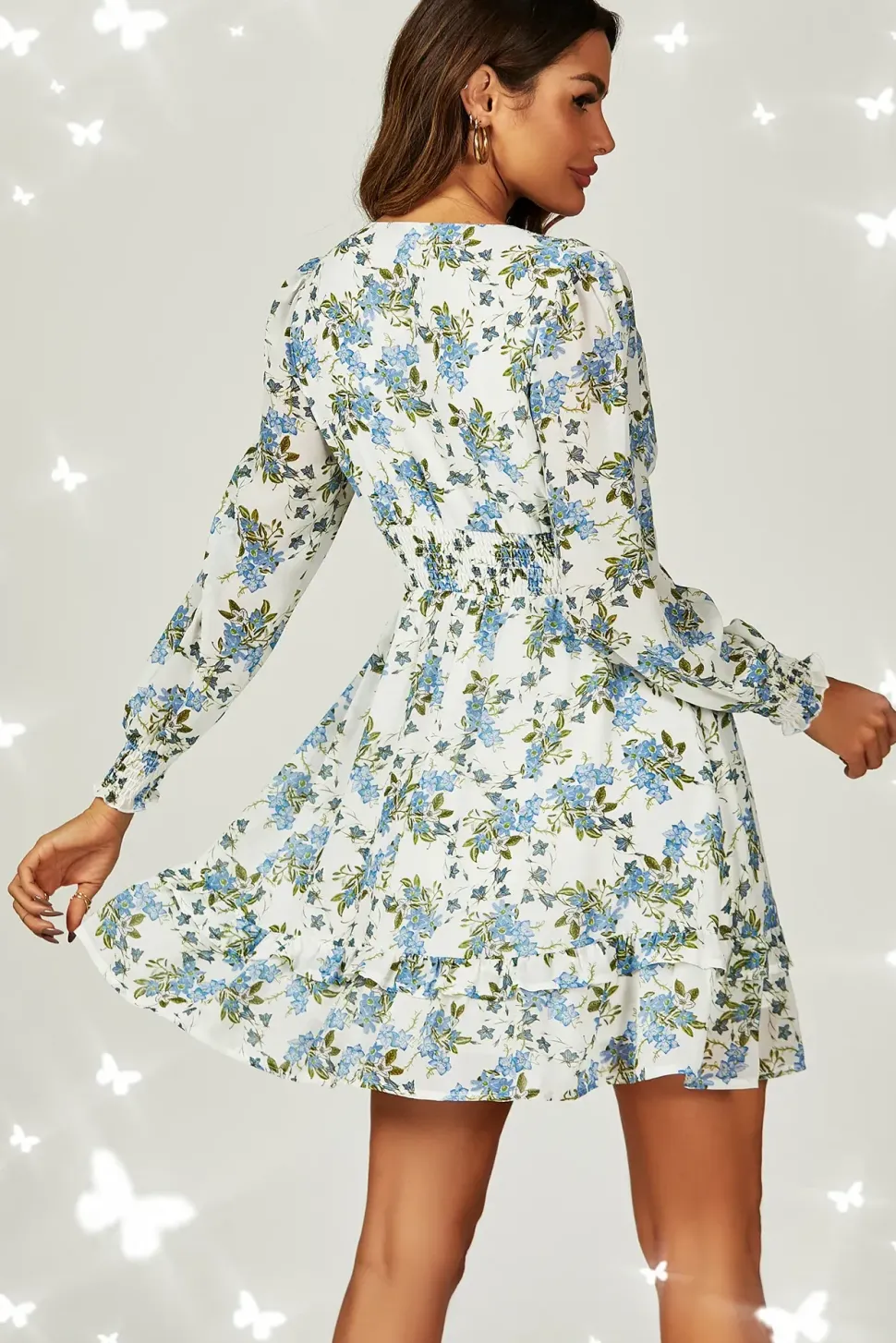 Floral Print ruffle Hem long sleeve Mini Dress In White