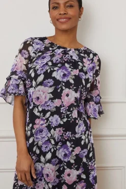 Floral Print Ruffle Sleeve Shift Dress
