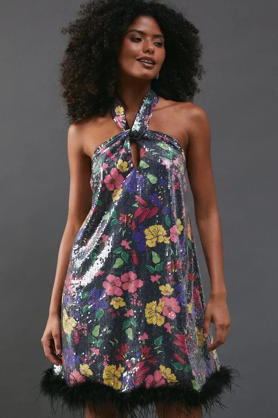Floral Print Sequin Halter Feather Hem Mini Dress
