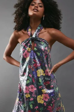 Floral Print Sequin Halter Feather Hem Mini Dress