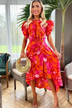 Floral Print Short Puff Sleeve Gathered Side Midi Dress