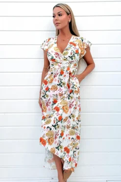 Floral Print Short Sleeve Wrap Midi Dress