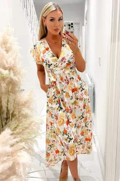 Floral Print Short Sleeve Wrap Midi Dress