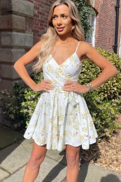 Floral Print Strappy Wrap Top Mini Dress