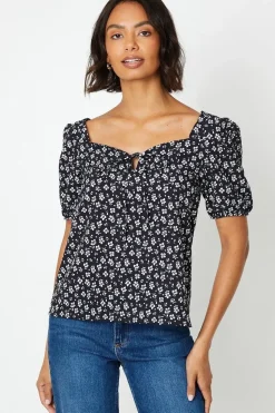 Floral Print Sweetheart Tie Front Blouse