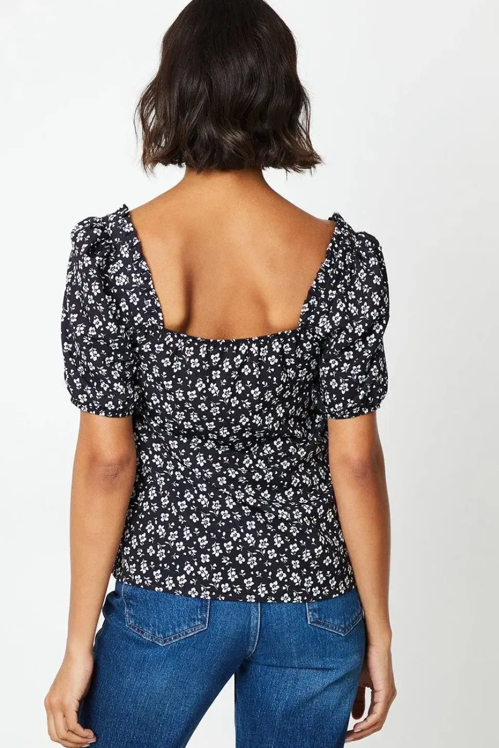 Floral Print Sweetheart Tie Front Blouse