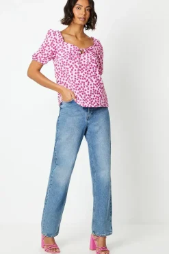 Floral Print Sweetheart Tie Front Blouse