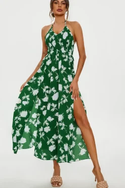 Floral Print Tie Halterneck Back Detail Maxi Dress In Green