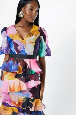 Floral Print Tiered Skirt Puff Sleeve Midi Wedding Guest Dress