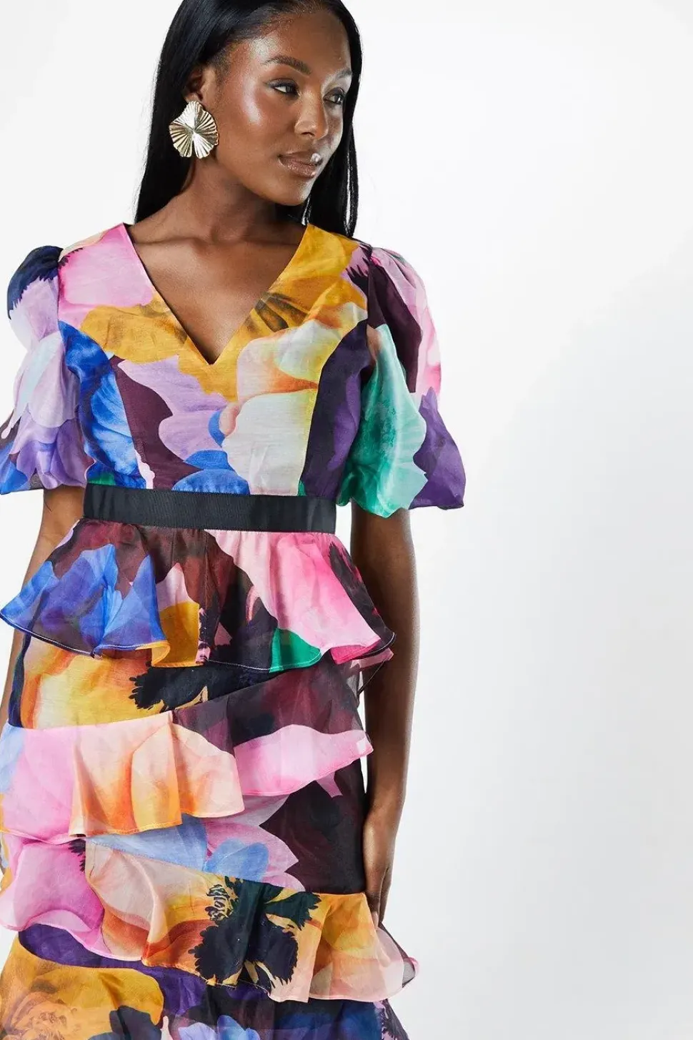 Floral Print Tiered Skirt Puff Sleeve Midi Wedding Guest Dress