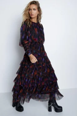 Floral Print Tiered Tulle Dress