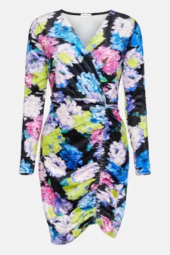 Floral Print Velvet Ruched Mini Dress