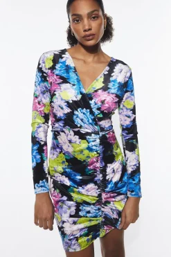 Floral Print Velvet Ruched Mini Dress