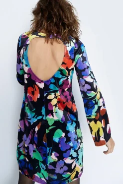 Floral Print Velvet Shift Flare Sleeve Mini Dress