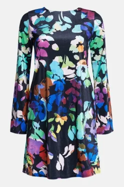 Floral Print Velvet Shift Flare Sleeve Mini Dress